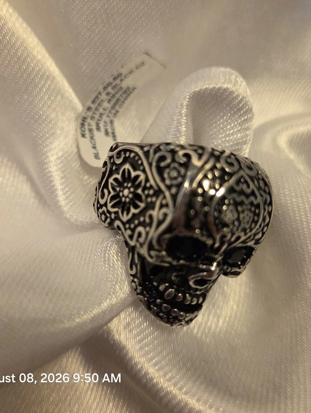 Silver Black Stone Skull Ring - Men's 10